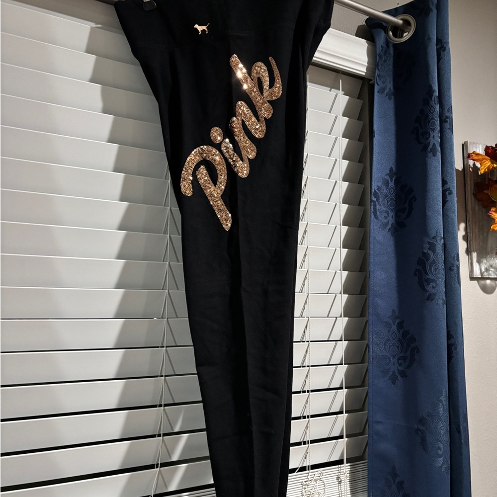 Victoria's Secret Pink Black Leggings with Gold Sequins
